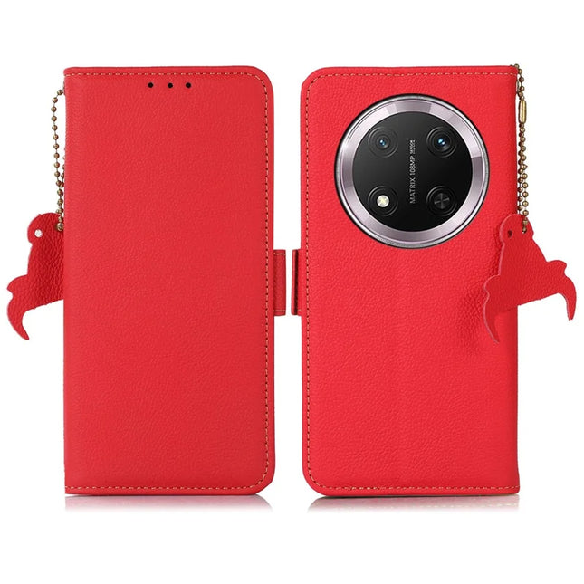 TJ For Honor Magic7 Lite 5G / X9c 5G / X60 Pro 5G Case RFID Blocking Genuine Cow Leather Phone Cover - Red