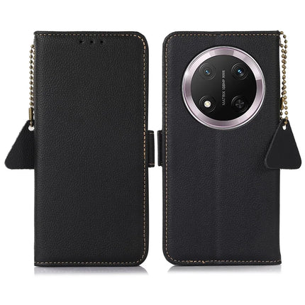 TJ For Honor Magic7 Lite 5G / X9c 5G / X60 Pro 5G Case RFID Blocking Genuine Cow Leather Phone Cover - Black