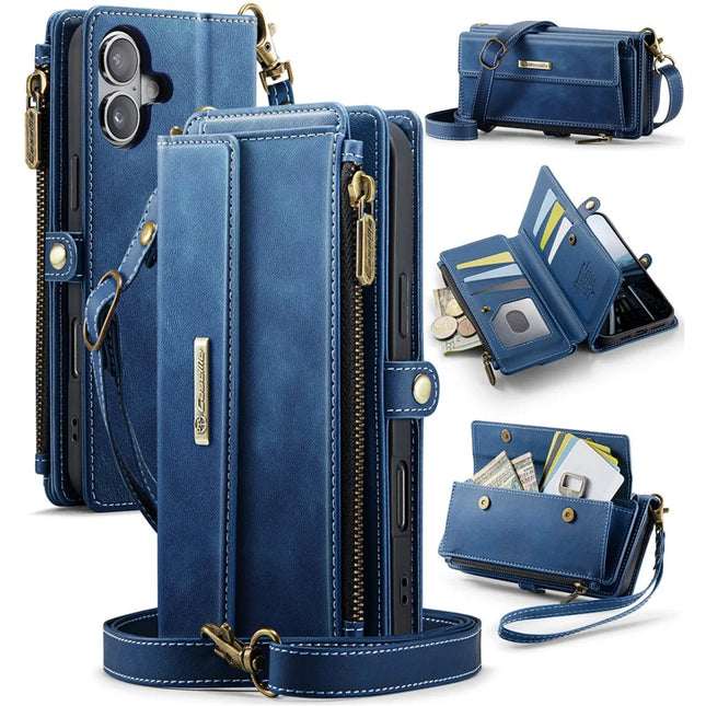 For iPhone 16 Plus CASEME C39 RFID Blocking Zipper Wallet Stand Leather Cover with Strap - Blue