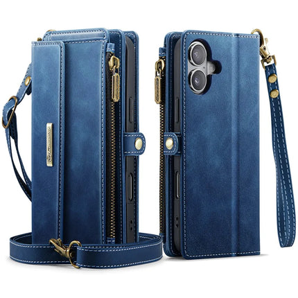 For iPhone 16 Plus CASEME C39 RFID Blocking Zipper Wallet Stand Leather Cover with Strap