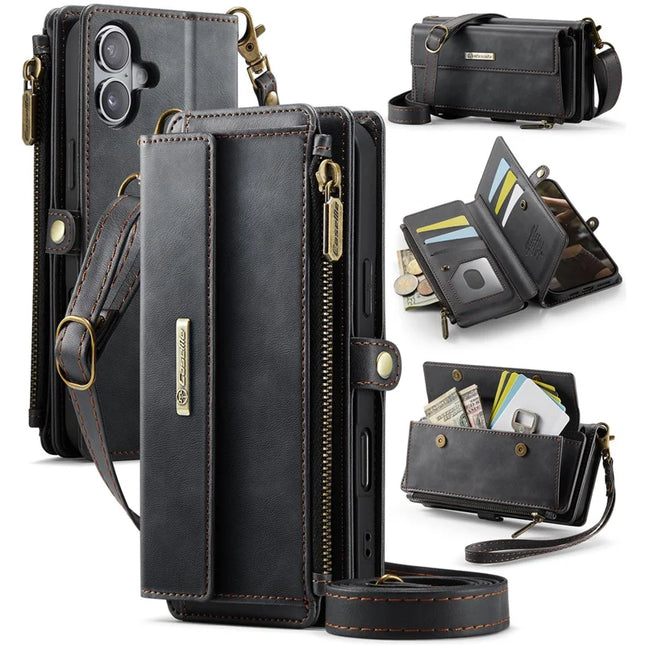 For iPhone 16 Plus CASEME C39 RFID Blocking Zipper Wallet Stand Leather Cover with Strap - Black