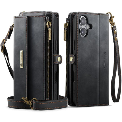 For iPhone 16 Plus CASEME C39 RFID Blocking Zipper Wallet Stand Leather Cover with Strap