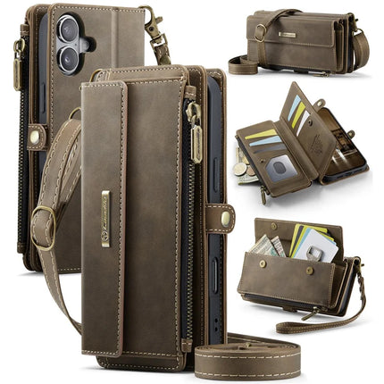 For iPhone 16 Plus CASEME C39 RFID Blocking Zipper Wallet Stand Leather Cover with Strap - Brown
