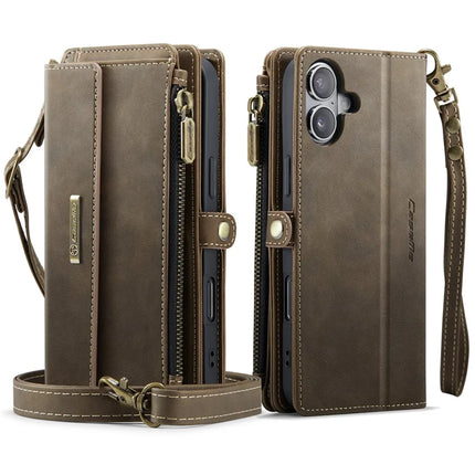 For iPhone 16 Plus CASEME C39 RFID Blocking Zipper Wallet Stand Leather Cover with Strap