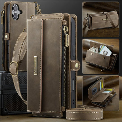 For iPhone 16 Plus CASEME C39 RFID Blocking Zipper Wallet Stand Leather Cover with Strap
