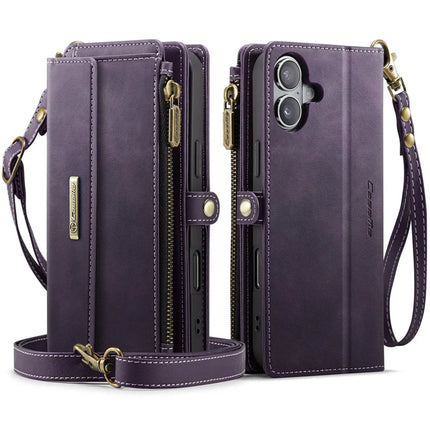 For iPhone 16 Plus CASEME C39 RFID Blocking Zipper Wallet Stand Leather Cover with Strap