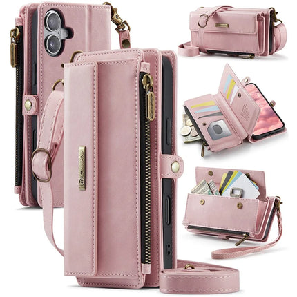 For iPhone 16 Plus CASEME C39 RFID Blocking Zipper Wallet Stand Leather Cover with Strap - Pink