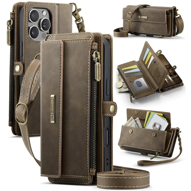 For iPhone 16 Pro Max CASEME C39 RFID Blocking Zipper Wallet Stand Leather Cover with Strap - Brown