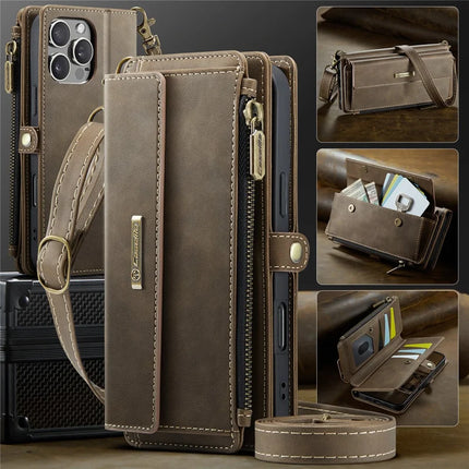 For iPhone 16 Pro Max CASEME C39 RFID Blocking Zipper Wallet Stand Leather Cover with Strap
