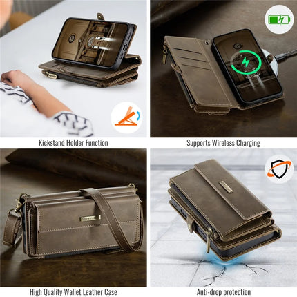 For iPhone 16 Pro Max CASEME C39 RFID Blocking Zipper Wallet Stand Leather Cover with Strap