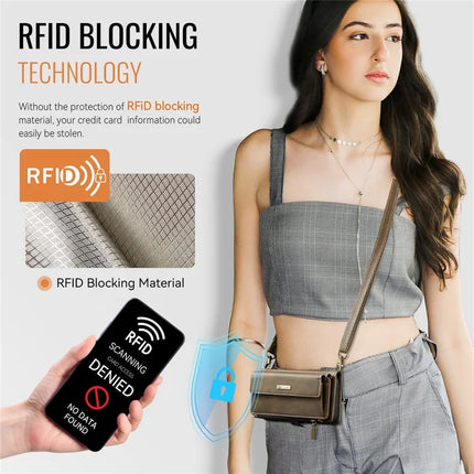 For iPhone 16 Pro Max CASEME C39 RFID Blocking Zipper Wallet Stand Leather Cover with Strap