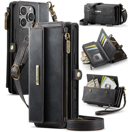 For iPhone 16 Pro Max CASEME C39 RFID Blocking Zipper Wallet Stand Leather Cover with Strap - Black
