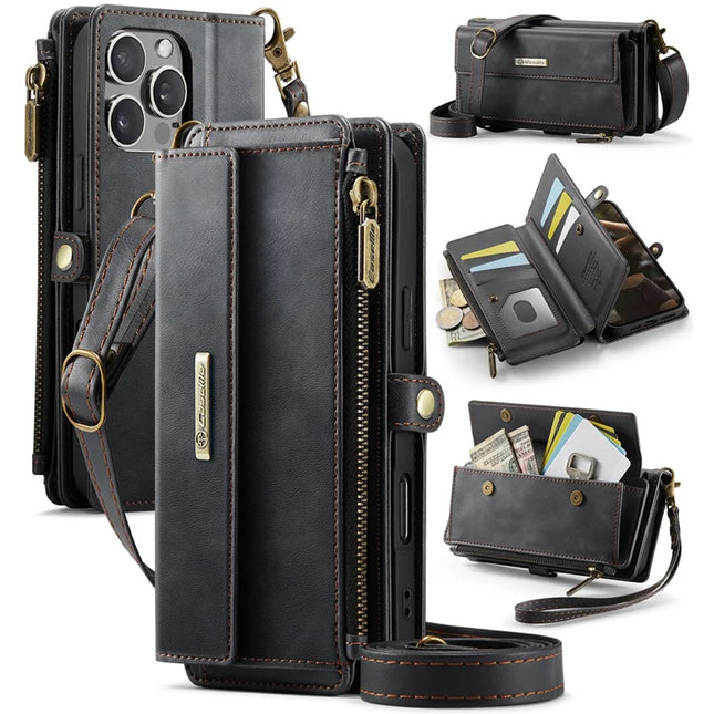 For iPhone 16 Pro Max CASEME C39 RFID Blocking Zipper Wallet Stand Leather Cover with Strap - Black