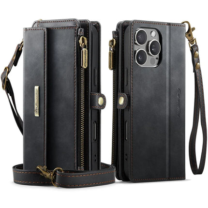 For iPhone 16 Pro Max CASEME C39 RFID Blocking Zipper Wallet Stand Leather Cover with Strap