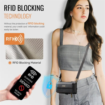 For iPhone 16 Pro Max CASEME C39 RFID Blocking Zipper Wallet Stand Leather Cover with Strap
