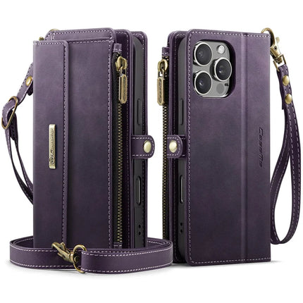 For iPhone 16 Pro Max CASEME C39 RFID Blocking Zipper Wallet Stand Leather Cover with Strap