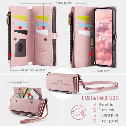 For iPhone 16 Pro Max CASEME C39 RFID Blocking Zipper Wallet Stand Leather Cover with Strap