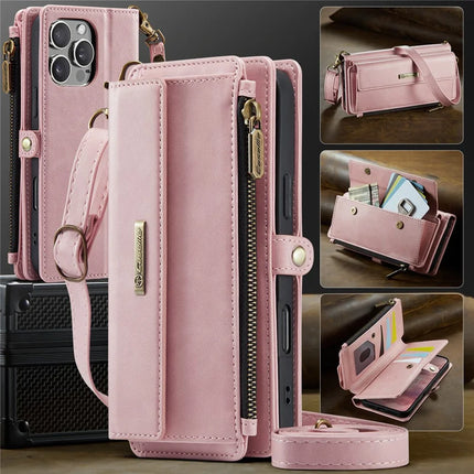 For iPhone 16 Pro Max CASEME C39 RFID Blocking Zipper Wallet Stand Leather Cover with Strap