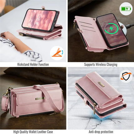 For iPhone 16 Pro Max CASEME C39 RFID Blocking Zipper Wallet Stand Leather Cover with Strap
