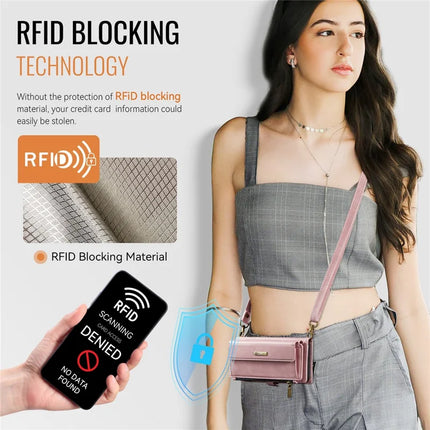 For iPhone 16 Pro Max CASEME C39 RFID Blocking Zipper Wallet Stand Leather Cover with Strap