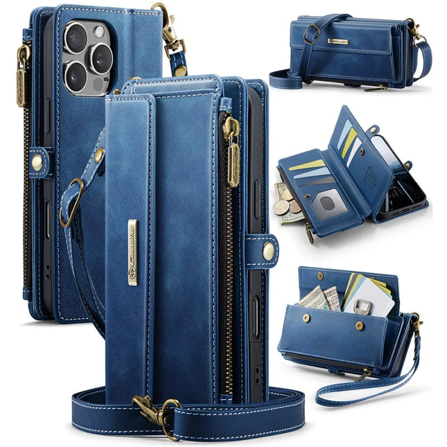 For iPhone 12 Pro Max 6.7 inch Case CASEME C39 RFID Blocking Zipper Wallet Stand Leather Cover with Strap - Blue