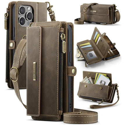 For iPhone 12 Pro Max 6.7 inch Case CASEME C39 RFID Blocking Zipper Wallet Stand Leather Cover with Strap - Brown