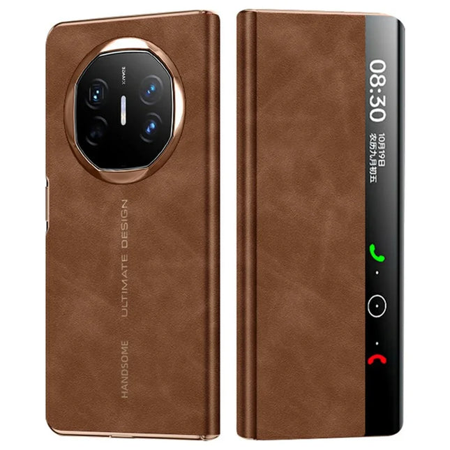 For Huawei Mate X6 Case Leather Protective Cover with Smart Window Auto Wake Up - Coffee Brown