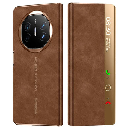 For Huawei Mate X6 Case Leather Protective Cover with Smart Window Auto Wake Up - Coffee Brown  /  Gold