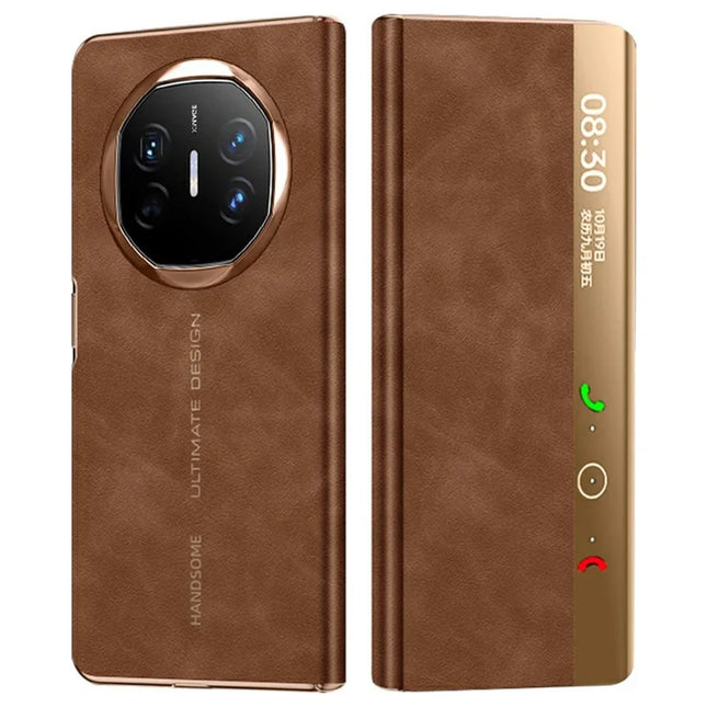 For Huawei Mate X6 Case Leather Protective Cover with Smart Window Auto Wake Up - Coffee Brown  /  Gold