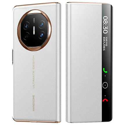 For Huawei Mate X6 Case View Window Auto Wake / Sleep Leather Flip Phone Cover Litchi Texture - Ivory White