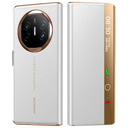 For Huawei Mate X6 Case View Window Auto Wake / Sleep Leather Flip Phone Cover Litchi Texture - Ivory White / Gold