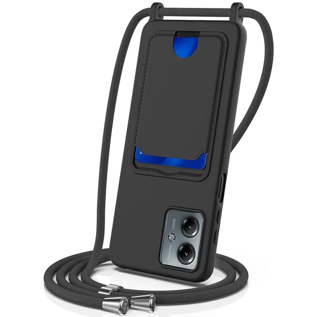 For Motorola Moto G14 4G Case Liquid Silicone Card Holder Back Phone Cover with Lanyard - Black
