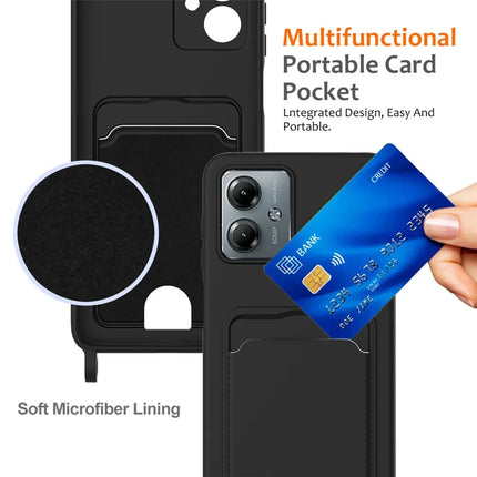 For Motorola Moto G14 4G Case Liquid Silicone Card Holder Back Phone Cover with Lanyard