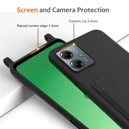 For Motorola Moto G14 4G Case Liquid Silicone Card Holder Back Phone Cover with Lanyard