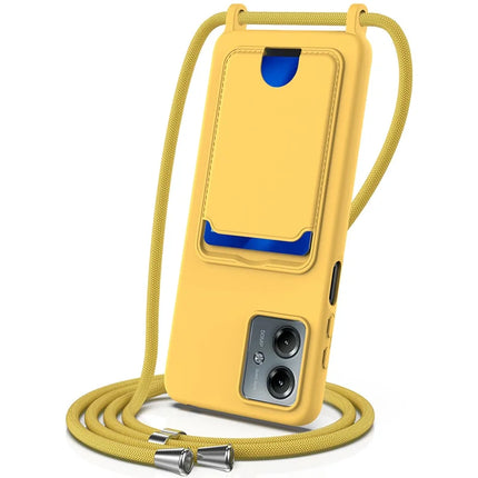 For Motorola Moto G14 4G Case Liquid Silicone Card Holder Back Phone Cover with Lanyard - Yellow