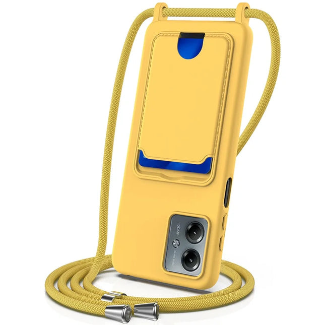 For Motorola Moto G14 4G Case Liquid Silicone Card Holder Back Phone Cover with Lanyard - Yellow