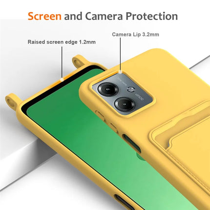 For Motorola Moto G14 4G Case Liquid Silicone Card Holder Back Phone Cover with Lanyard