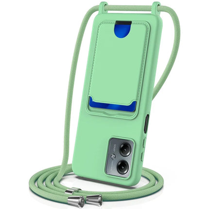 For Motorola Moto G14 4G Case Liquid Silicone Card Holder Back Phone Cover with Lanyard - Green