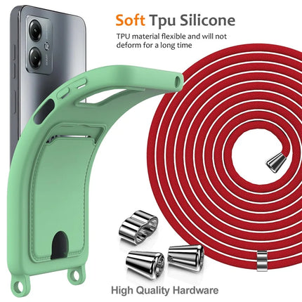 For Motorola Moto G14 4G Case Liquid Silicone Card Holder Back Phone Cover with Lanyard