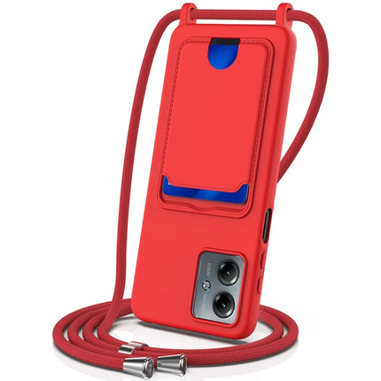 For Motorola Moto G14 4G Case Liquid Silicone Card Holder Back Phone Cover with Lanyard - Red