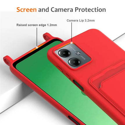 For Motorola Moto G14 4G Case Liquid Silicone Card Holder Back Phone Cover with Lanyard