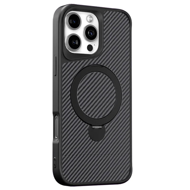 For iPhone 16 Pro Max Phone Case with Magnetic Kickstand TPU + PC Carbon Fiber Back Cover - Black