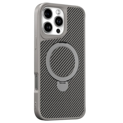For iPhone 16 Pro Max Phone Case with Magnetic Kickstand TPU + PC Carbon Fiber Back Cover - Grey