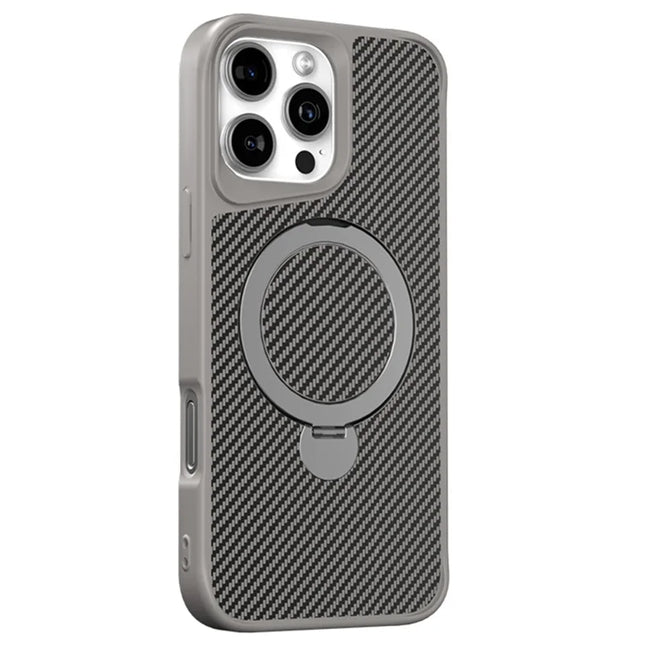 For iPhone 16 Pro Max Phone Case with Magnetic Kickstand TPU + PC Carbon Fiber Back Cover - Grey