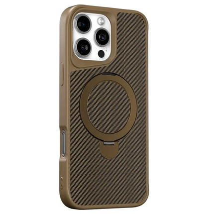 For iPhone 16 Pro Max Phone Case with Magnetic Kickstand TPU + PC Carbon Fiber Back Cover - Brown