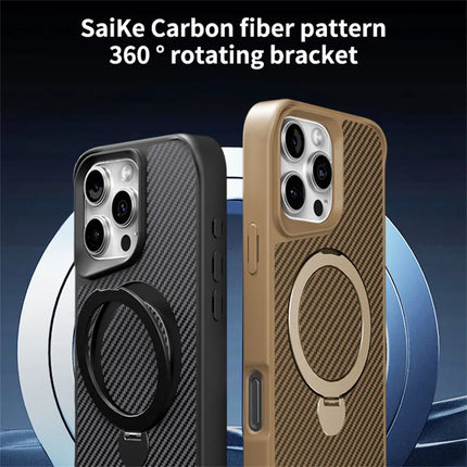 For iPhone 16 Pro Max Phone Case with Magnetic Kickstand TPU + PC Carbon Fiber Back Cover