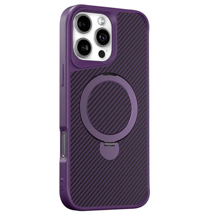 For iPhone 16 Pro Max Phone Case with Magnetic Kickstand TPU + PC Carbon Fiber Back Cover - Purple