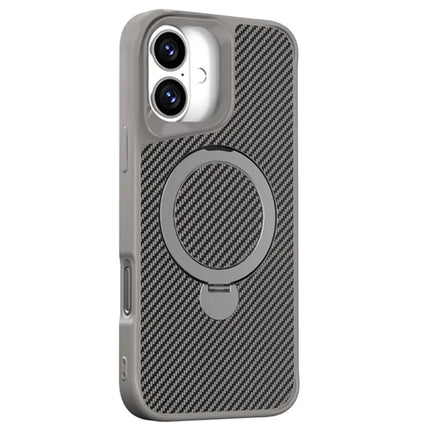 For iPhone 16 Plus Phone Case with Magnetic Kickstand TPU+PC Carbon Fiber Back Cover - Grey