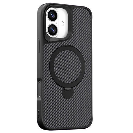 For iPhone 16 Plus Phone Case with Magnetic Kickstand TPU+PC Carbon Fiber Back Cover - Black