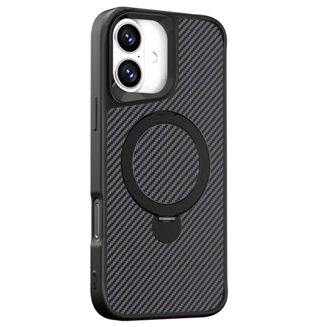 For iPhone 16 Plus Phone Case with Magnetic Kickstand TPU+PC Carbon Fiber Back Cover - Black